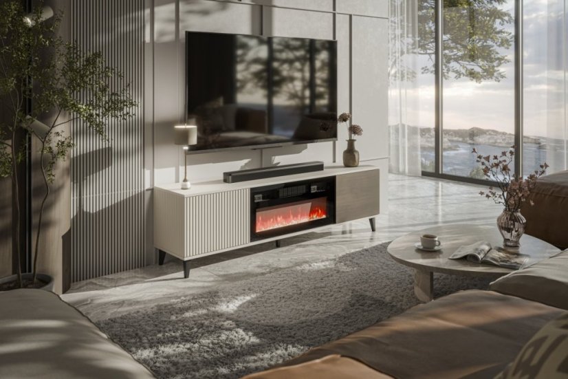 Televizní stolek RANDOM 2 RTV 180 s krbem kašmír/ořech/černý