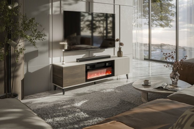 Televizní stolek RANDOM 2 RTV 180 s krbem kašmír/ořech/černý