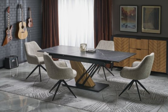 Rozkladací jedálenský stôl VOLANT 140(180)x90 čierny mramor/dub zlatý/čierna