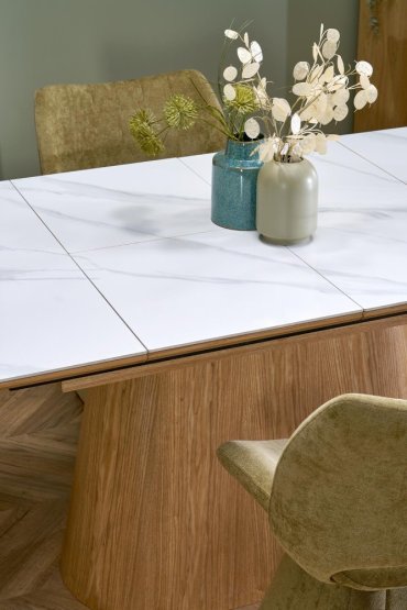 Rozkládací jídelní stůl SIRIUS 160(240)x90 bílý mramor / přírodní